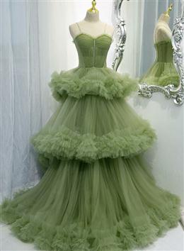 Picture of Green Tulle Layers Straps Sweetheart Long Evening Dresses Party Dresses, Green Formal Dresses